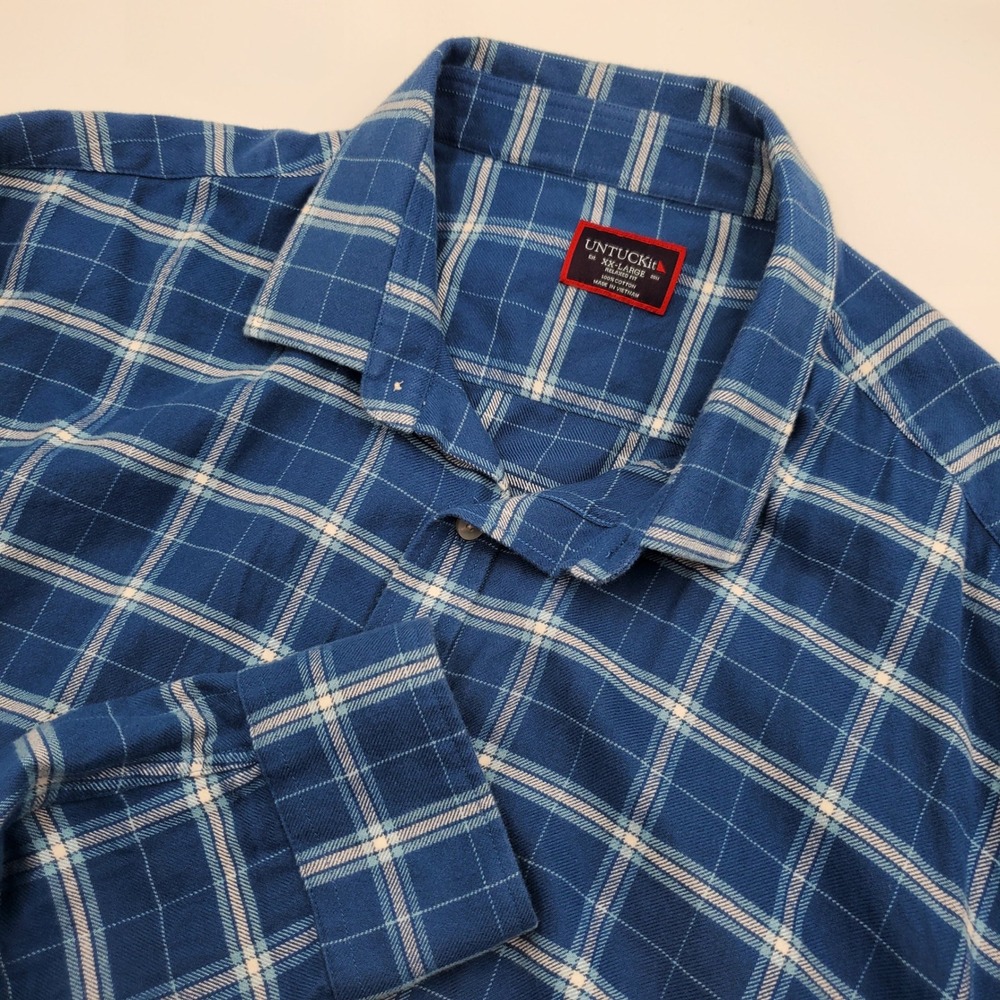 UNTUCKit Mens XXL Relaxed Fit Blue White Plaid Flannel Button Down Shirt